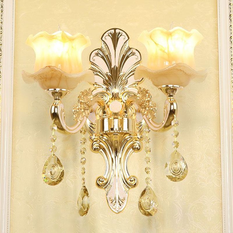 Classic Flower Wall Lamp Faux Jade Frosted Glass Wall Sconce with K9 Crystal Drops in Silver