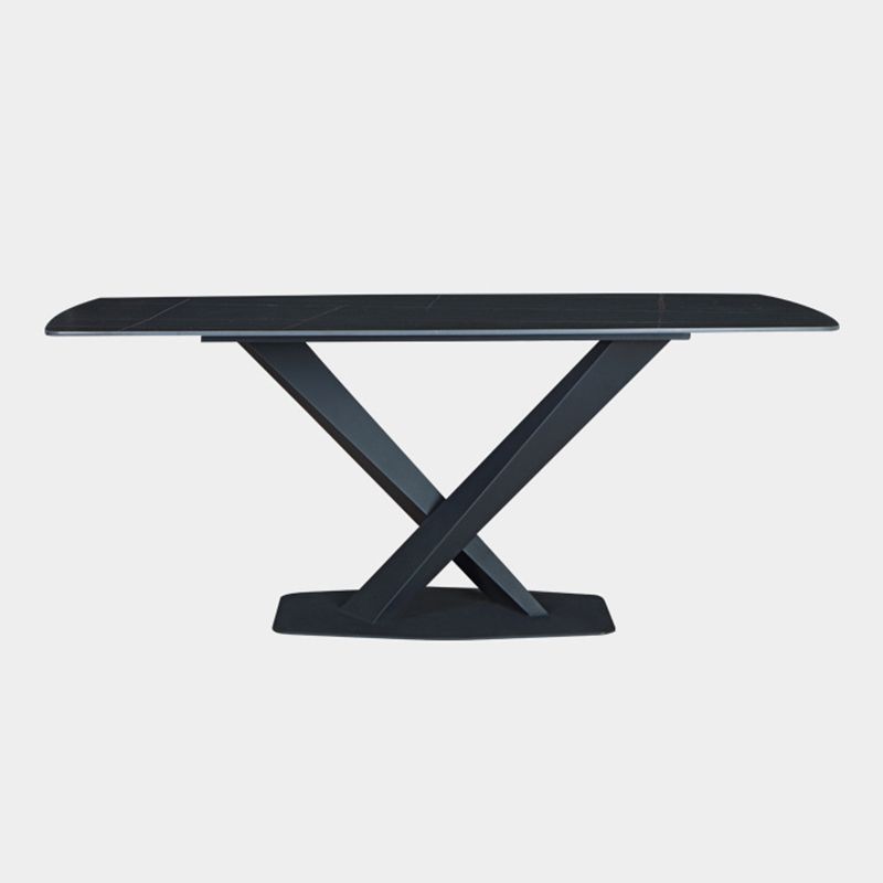 Stone Top Dining Table Modern Rectangle Table with Metal Base in Black