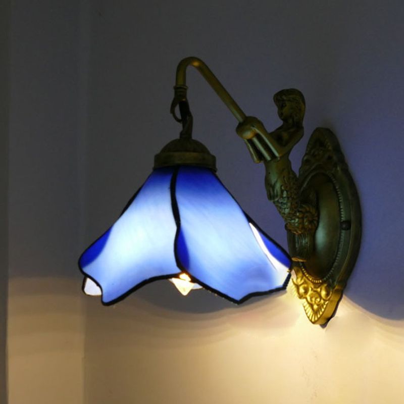 1 Head Petal Wall Mount Lighting Tiffany Blue/Clear/Pink Glass Sconce Light Fixture with Mermaid Backplate