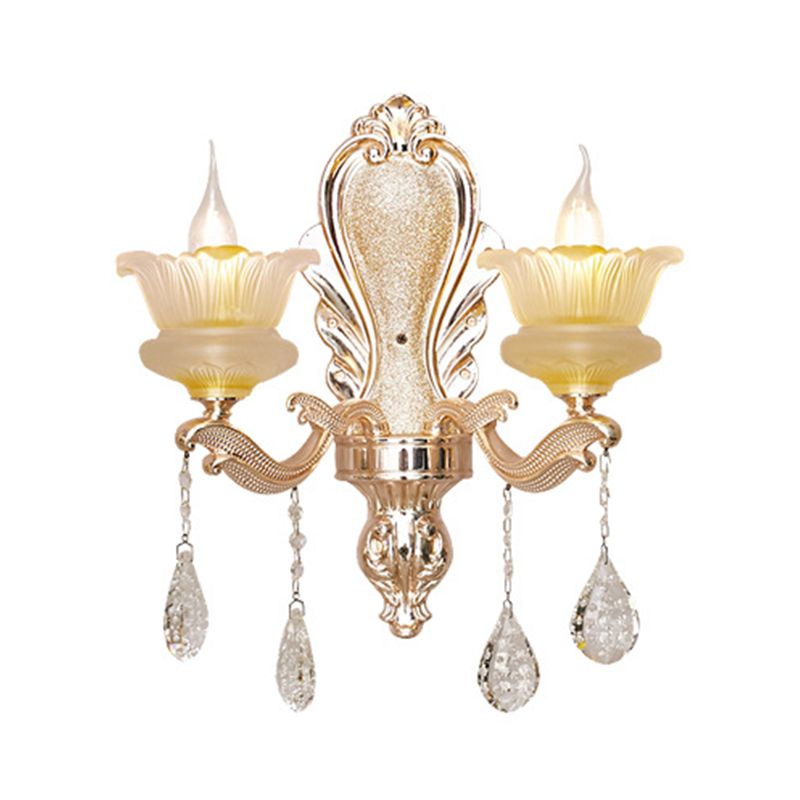 Mid Century Floral Wall Mount Lamp 2-Bulb Crystal Wall Sconce Lighting in Gold for Living Room