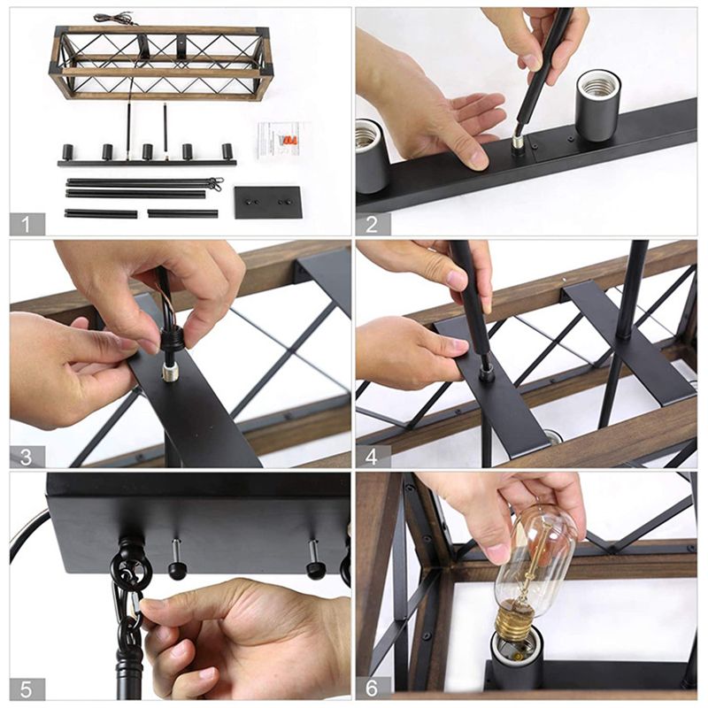 Bois + Iron Cage 5 Light Island Light Industrial Style Hanging Lighting Forment pour Restaurant Cafe Shop