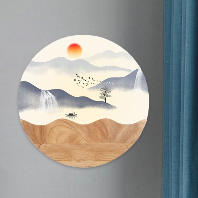 Rounded Acrylic Wall Mounted Light Fixture Asia Style LED Wood Wall Mural Light with Mountain/Branch Pattern