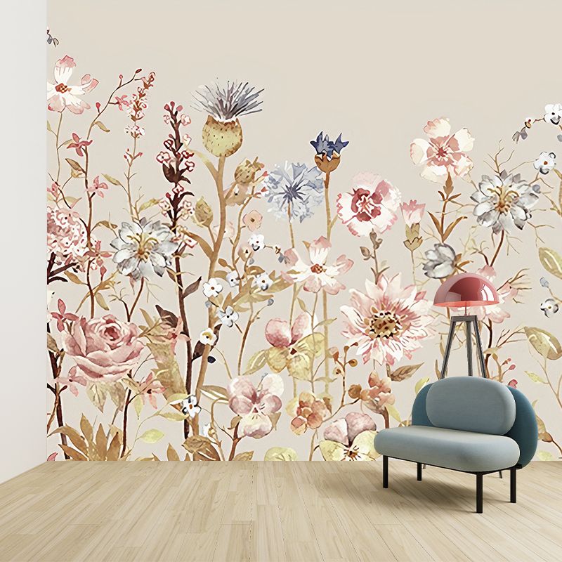 Watercolour Flower Wall Murals Orange Countryside Wall Art for Bedroom, Non-Woven Material