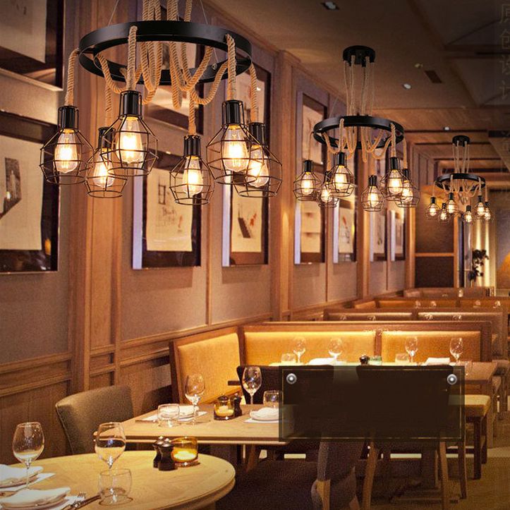Rope Circular Pendant Light Fixtures Industrial Bar Hanging Chandelier Light