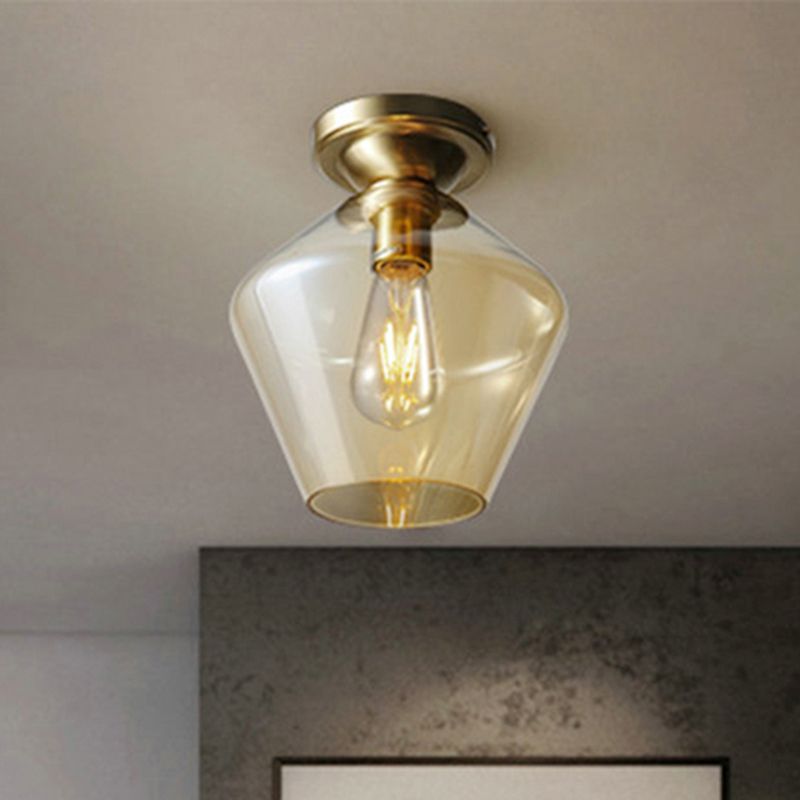 Lámpara de techo de tambor/jarrón con pantalla de cristal ámbar, lámpara de techo contemporánea de 1 luz con acabado de latón