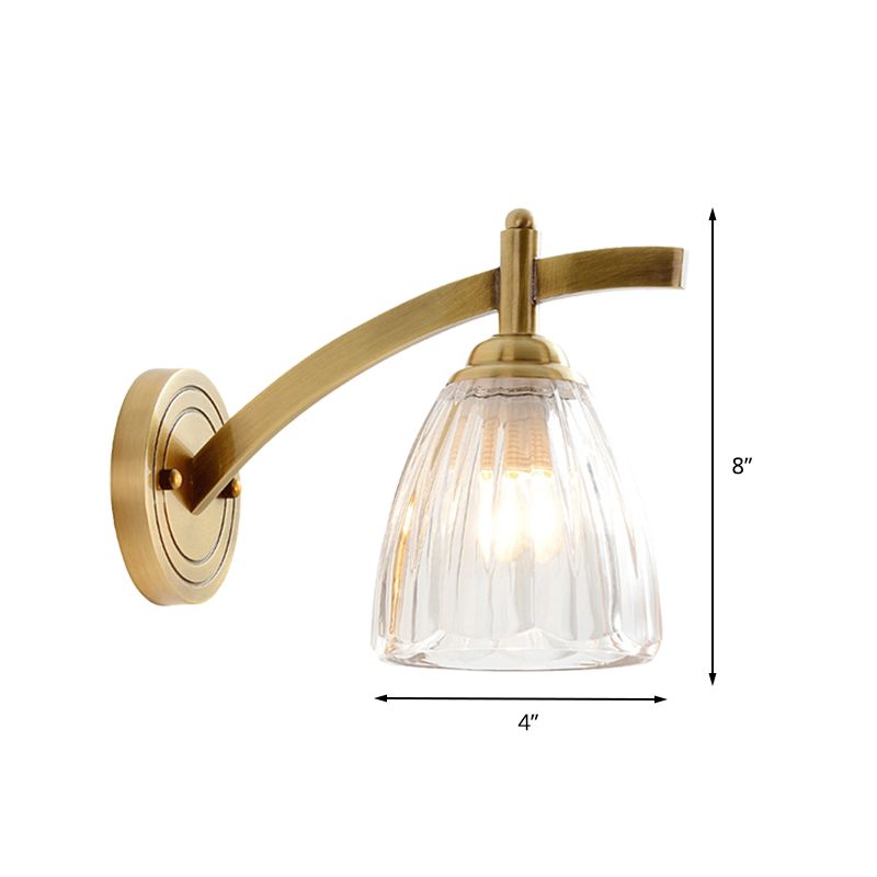 1 Bulb Cone Sconce Lamp Tradition Metal Wall Lighting Fixture in Gold with Ribbed Glass Shade for Bedside