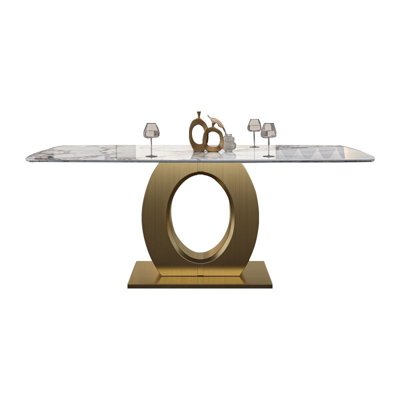 Luxury Sintered Stone Dining Table Rectangle White Table with Metal Pedestal in Gold