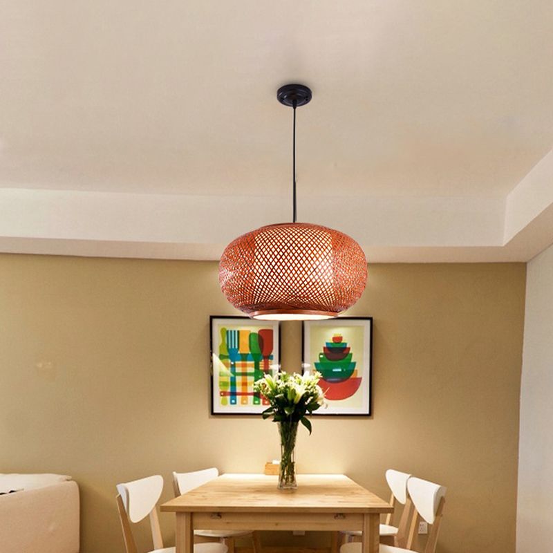 Curved Drum Suspension Pendant Asian Bamboo 1 Bulb Brown Hanging Light Kit, 16"/19.5"/23.5" Wide