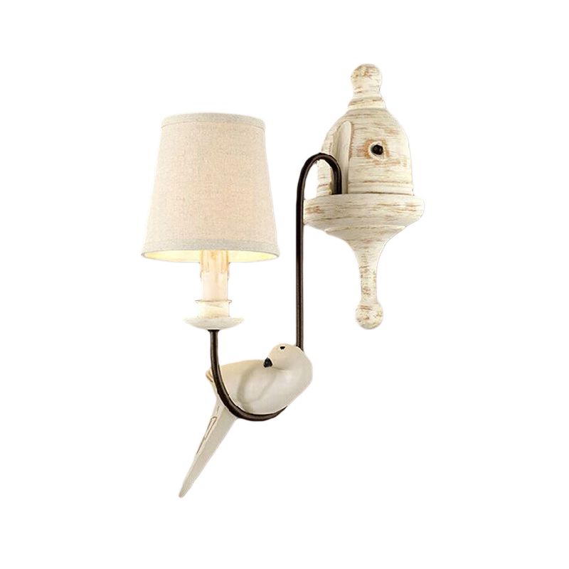 Tapered Bedroom Wall Lamp Country Metal 1/2 Light White Sconce Light Fixture with Bird Accents