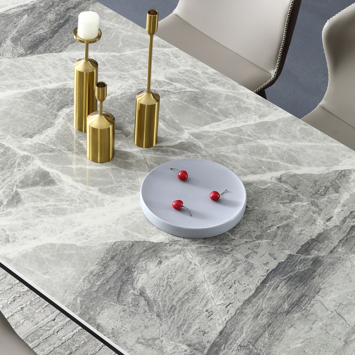 Glossy Gray Stone Dining Table Set 1/4/5/7 Pieces Modern Dinette Set for Kitchen