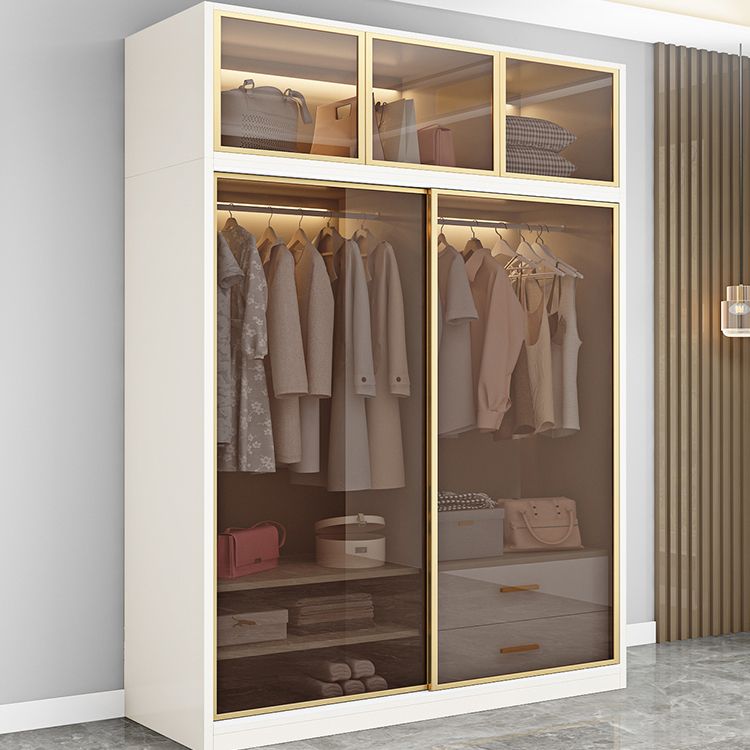 Modern White Wood Frame Wardrobe Freestanding Wardrobe with Sliding Glass Doors