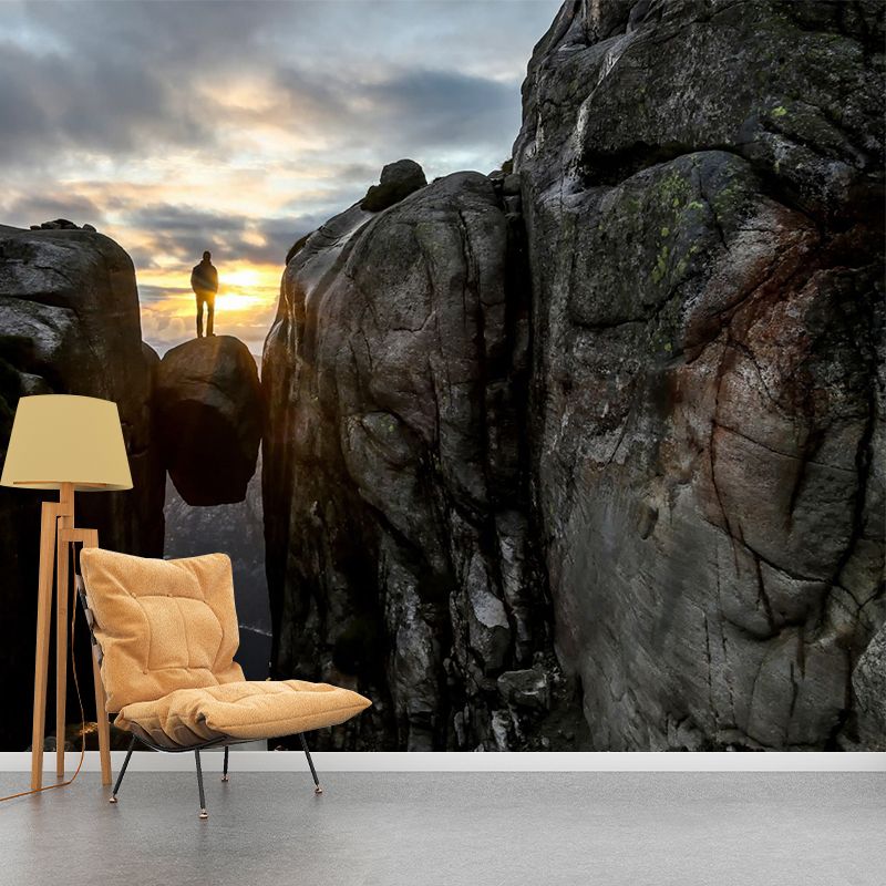 Man Between Mountain Gaps Mural Brown Modern Wall Art for Living Room, Made to Measure