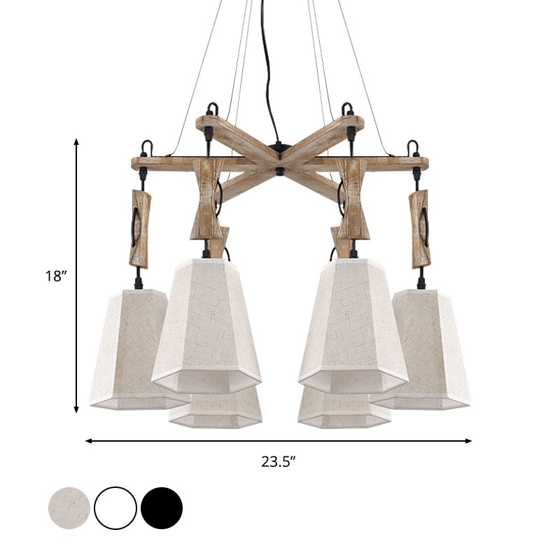 6 Heads Tapered Chandelier Lighting Industrial Black/White/Flaxen Wood Ceiling Suspension Lamp