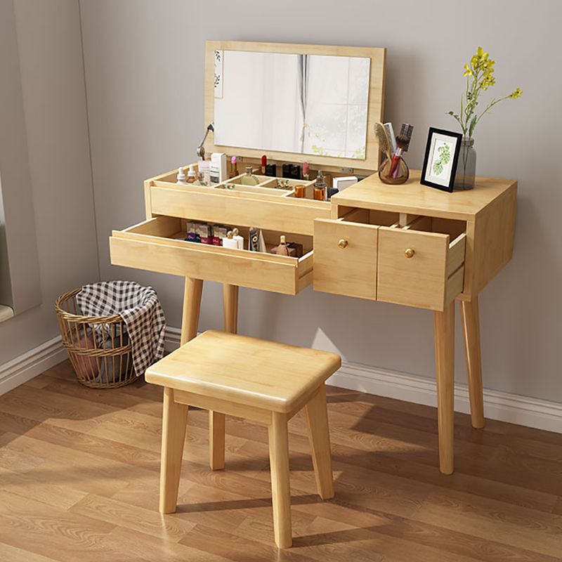 Nordic Style Bedroom Dressing Table Rubberwood Flip-Top Make-up Vanity