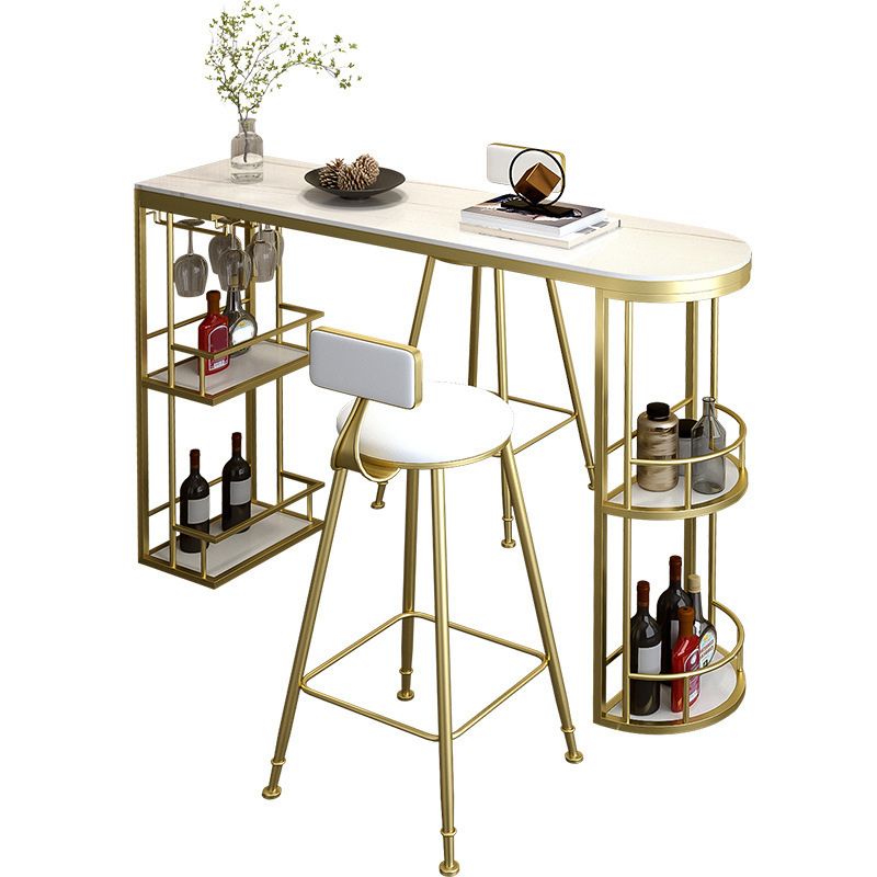 Glam Style 1/2/3 Pieces Bar Table Set Rectangle Stone Bar Table with Metal High Stools
