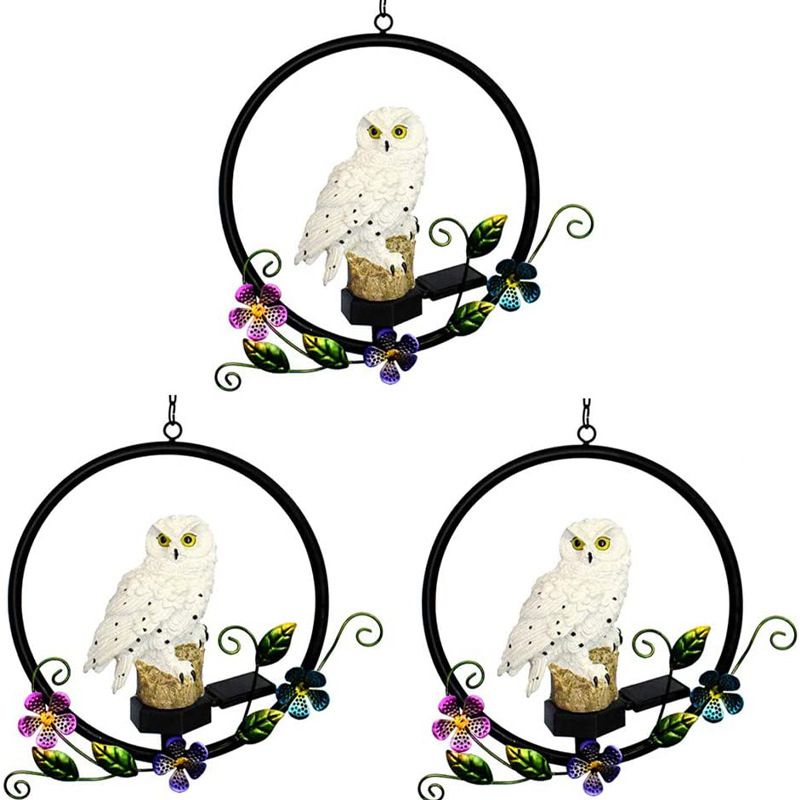 Resin Owl LED Hanging Light Modern White Solar Pendant Light with Metallic Ring, 1 Pc