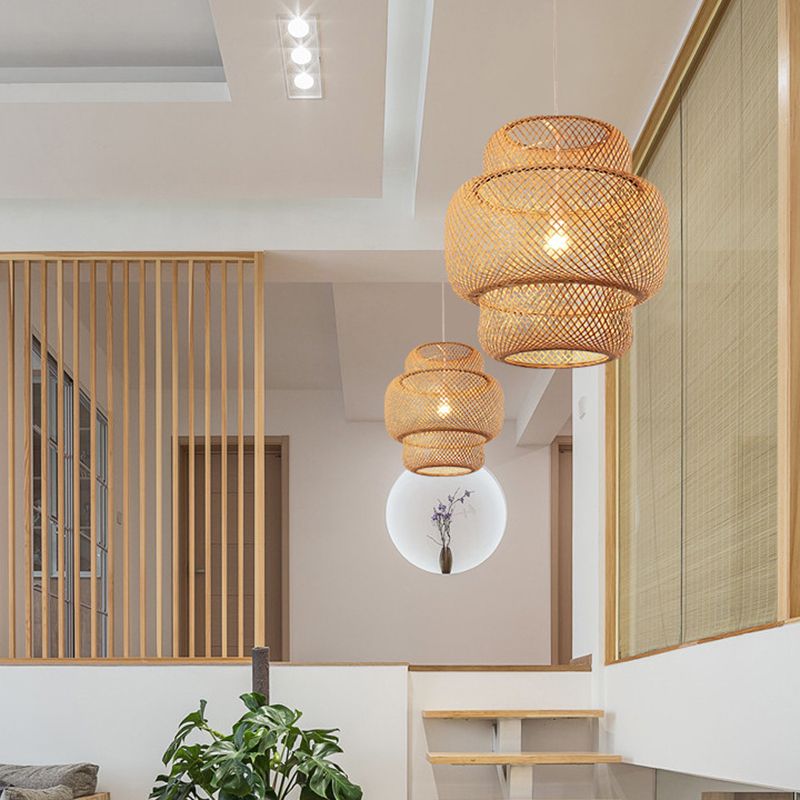 Asian Style Bamboo Weaving Lantern Hanging Light Wooden Single Bulb Ceiling Suspension Lamp for Cafe Shop