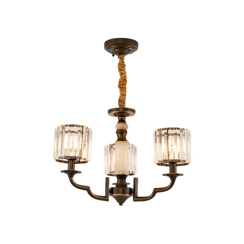 Cylindrical Bedchamber Hanging Fixture Traditional Crystal 3/6 Bulbs Black Ceiling Chandelier Pendant