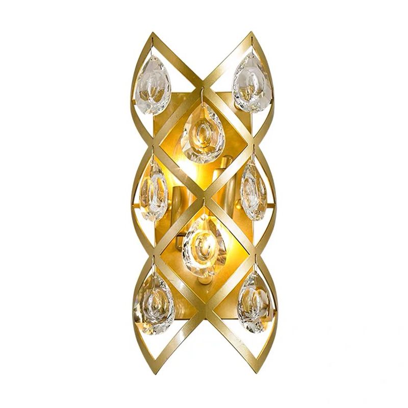 Clear Crystal Teardrop Sconce Light Fixture Contemporary 2 Lights Brass Finish Wall Light for Living Room