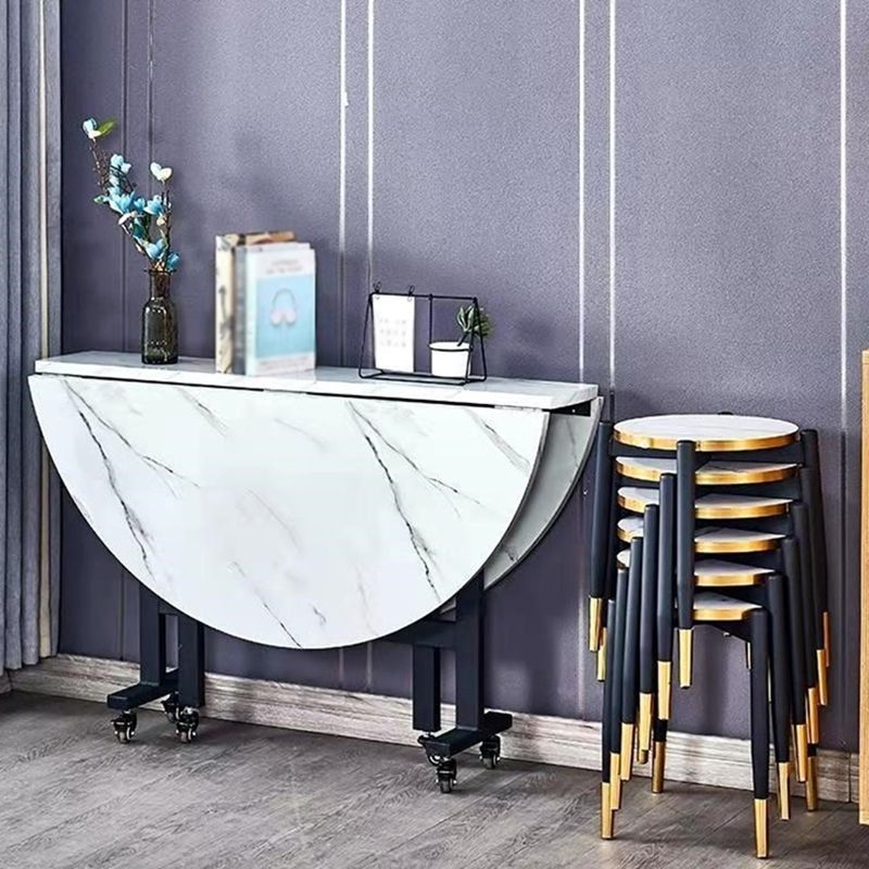 Metaal eigentijdse ronde eettafel Hoog glanzend witte houten boventafel met druppelblad