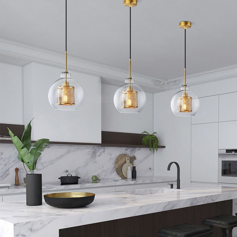 Brass 1 Light Hanging Pendant Light Modern Minimalist Clear Glass Dining Table Hanging Lamp