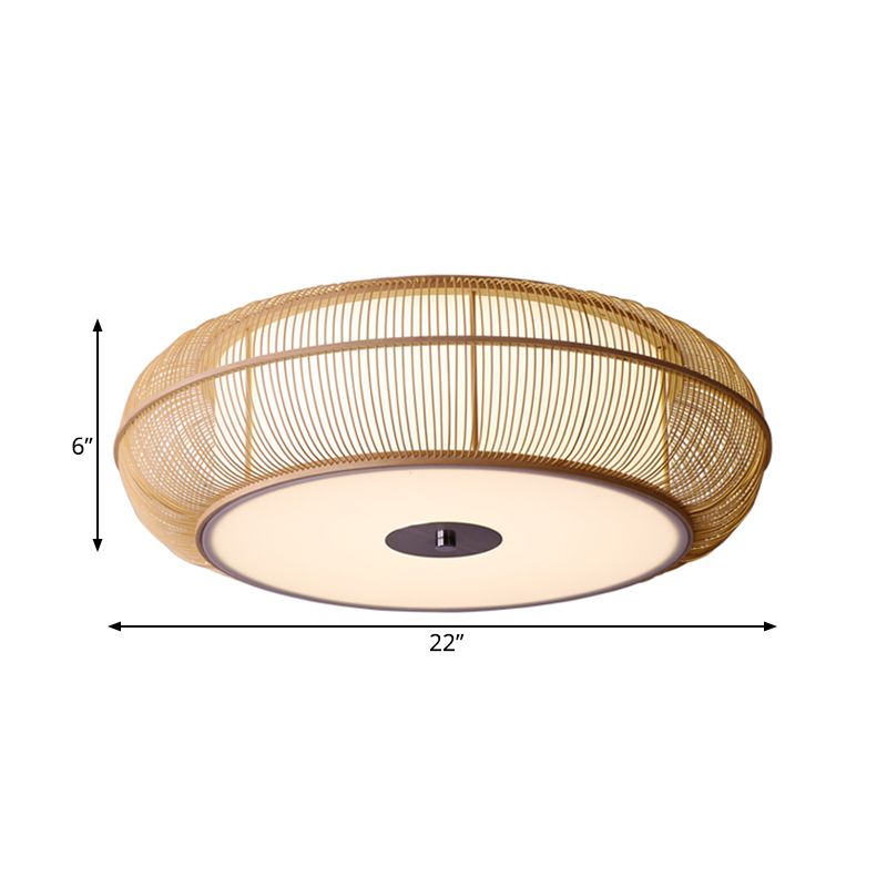 Lámpara de techo empotrada redonda de bambú, estilo asiático, 3/4 luces, accesorio de montaje en techo negro/madera para dormitorio, 18 "/22" de diámetro