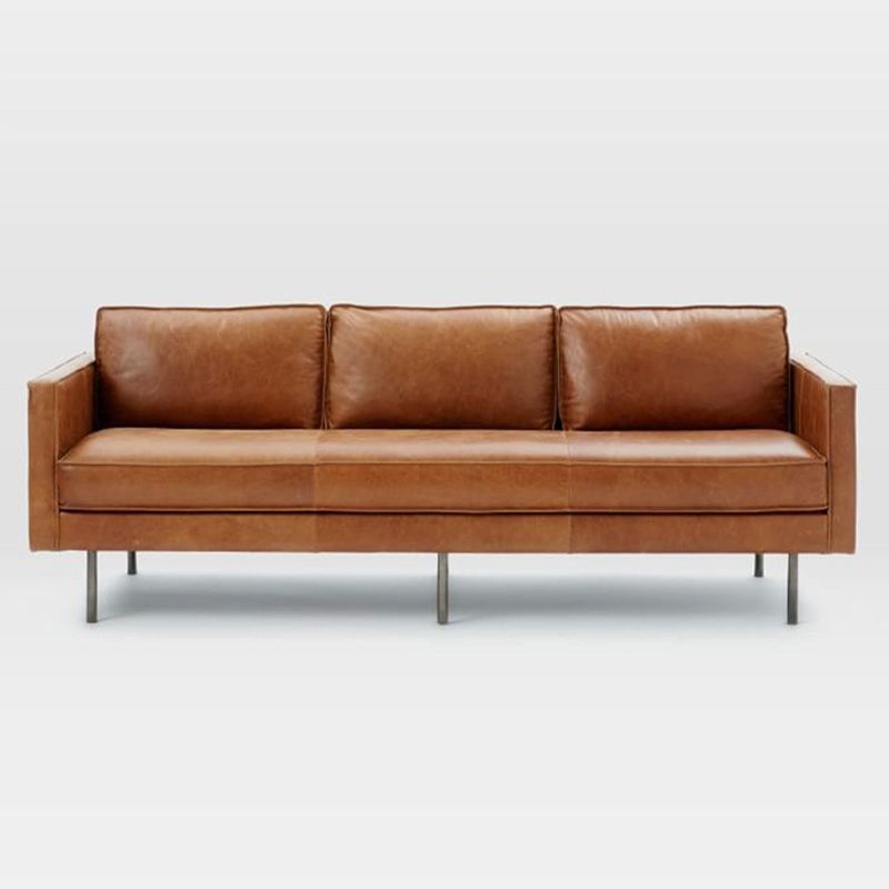Brown Leather Settee Furniture Loose Back Square Arm Loveseat
