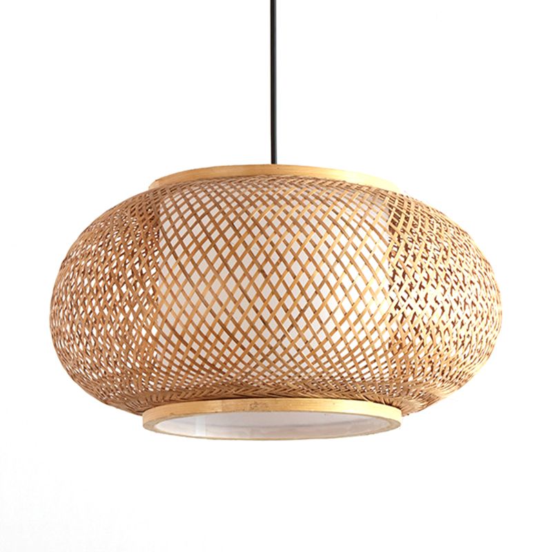 1 Light Rounded Drum Hanging Light Fixture Asia Wicker Ceiling Light with Hanging Cord for Restaurant