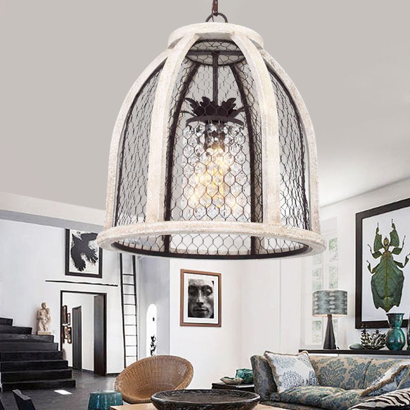 Salle à manger en dôme Hanging Light Metal traditionnel 1 Éclairage pendentif blanc en détresse légère avec cage