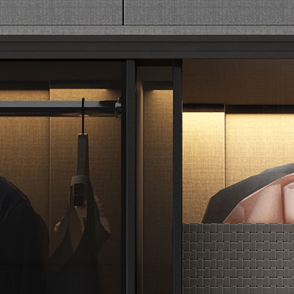 Glass and Wood Wardrobe Cabinet with Drawer Grey Wardrobe Closet