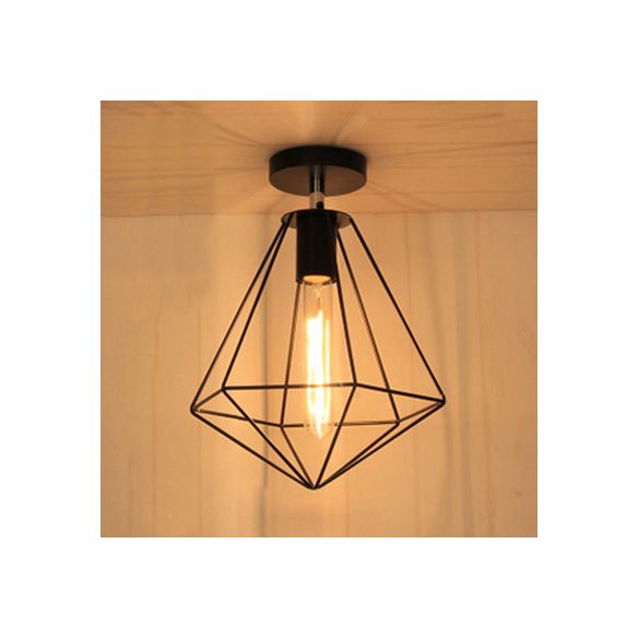 Retro Style Diamond Cage Ceiling Lamp 1 Light Metallic Semi Flush Mount Light in Black for Kitchen