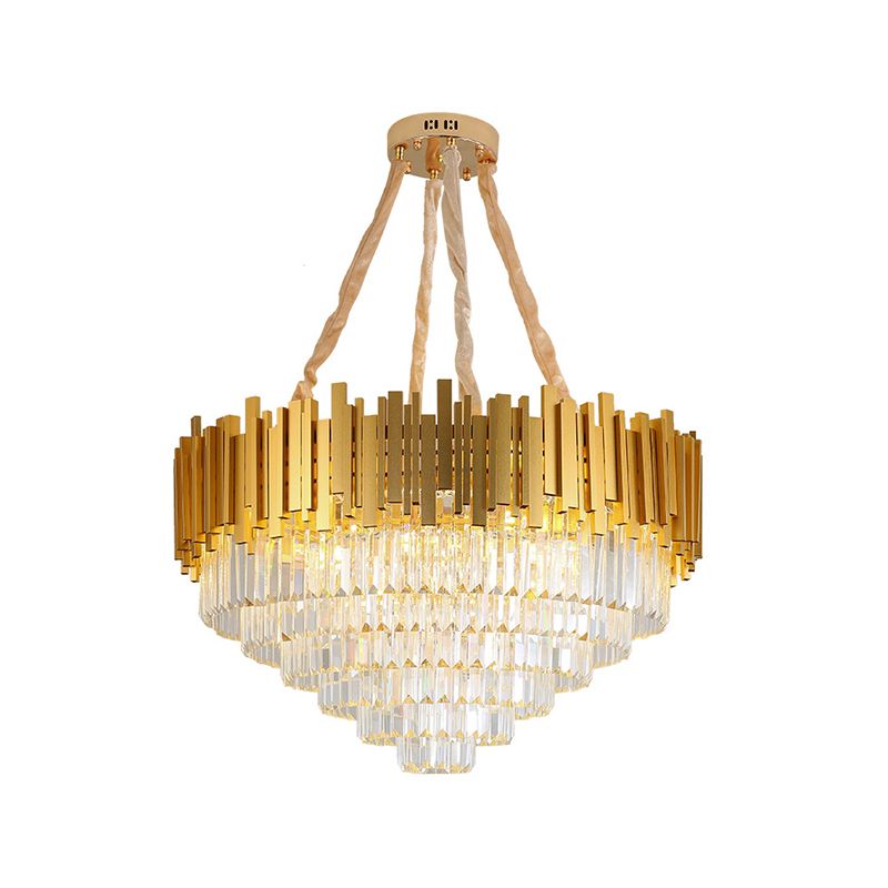 Brass Metallic Hanging Light Fixture Modern Style Layered Multi Light Chandelier Lamp with Crystal Block