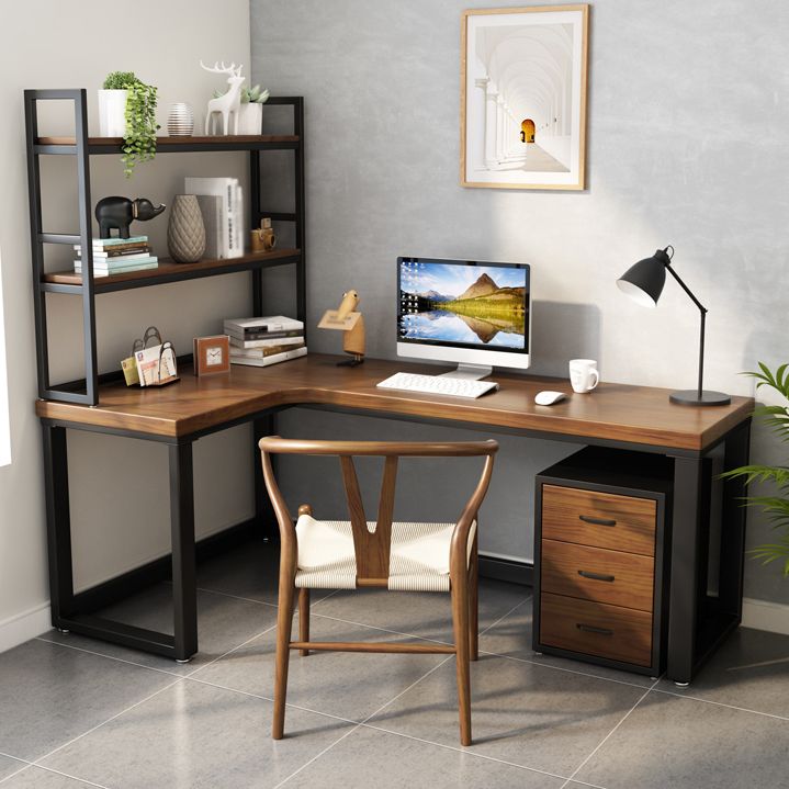 Solid Wood Writing Desk Brown L-Shape Desk with Black Steel Table Leg