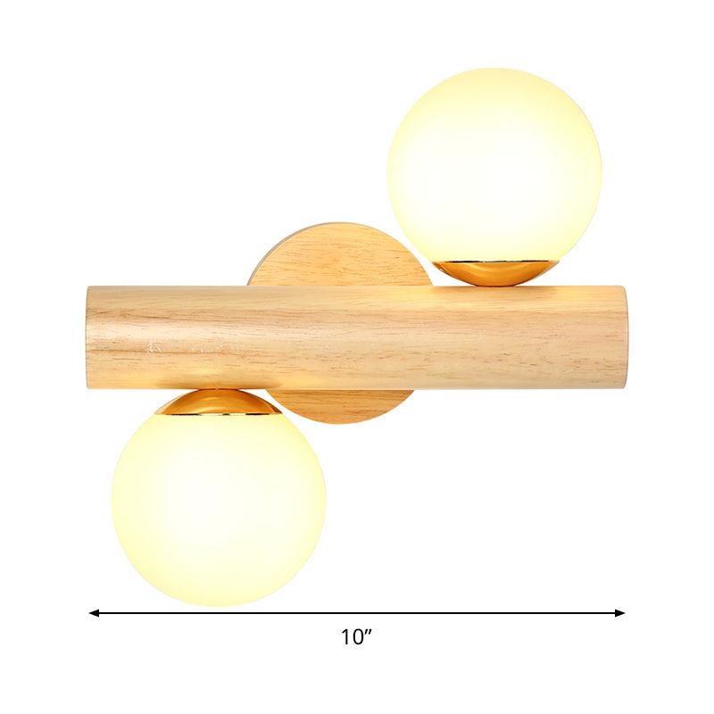 Tube Wall Lamp Japanese Wood 2 Heads Beige Sconce Light Fixture with Milk Glass Shade