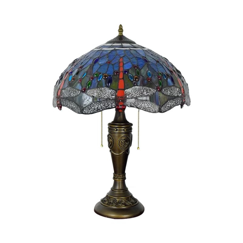 Mediterranean Dragonflies Jeweled Table Lamp 2 Bulbs Blue-Green/Yellow-Blue Glass Nightstand Light with Pull Chain Switch