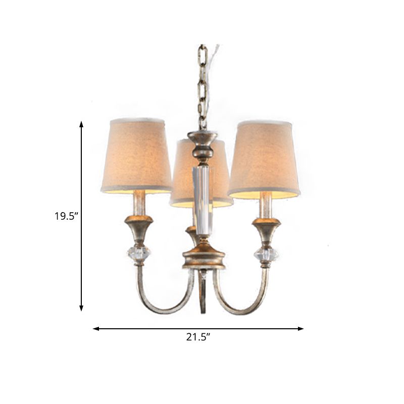 Rustic Tapered Ceiling Lamp 3/6 Lights Fabric Chandelier Light Fixture in Aged Silver for Living Room