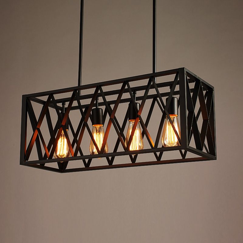 Wrought Iron Black Hanging Light Fixture Rectangular Industrial Style Island Lighting for Bar