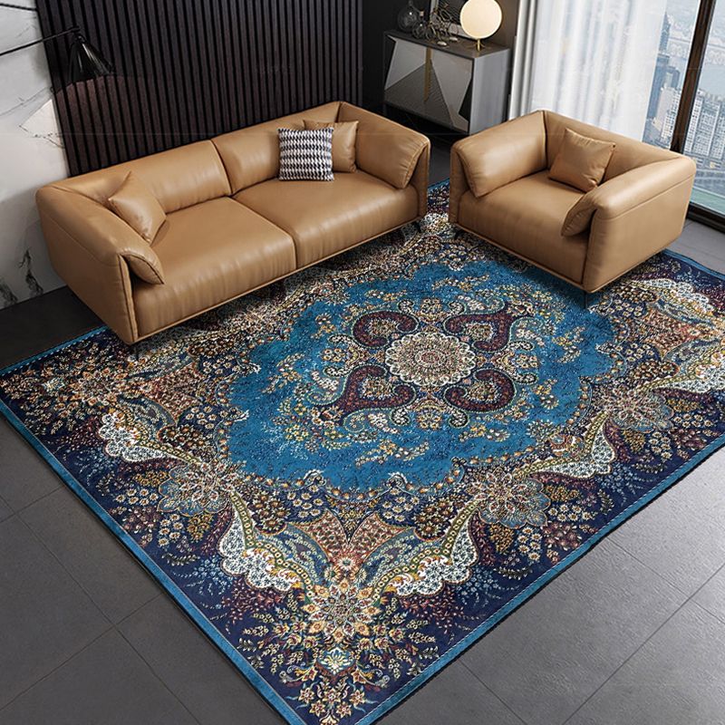 Alfombra de poliéster azul tradicional alfombra gráfica alfombra lavable para sala de estar