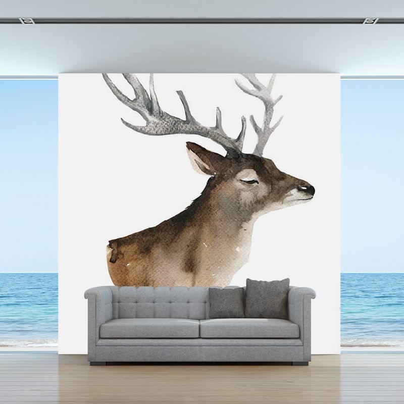 Brown Deer Head Painting Murals Wallpaper Stain-Resistant Wall Decoration for Living Room