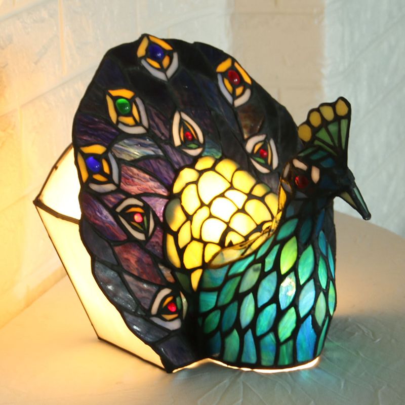 Blue 1-Head Night Lamp Mediterranean Stained Art Glass Peacock Shaped Table Lighting