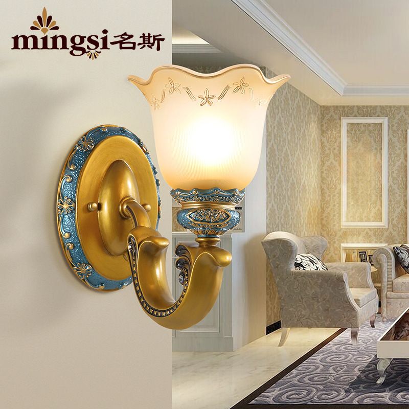 Frosted Glass Gold Wall Lamp Printed Flower 1-Bulb Warehouse Wall Mounted Lighting for Corridor