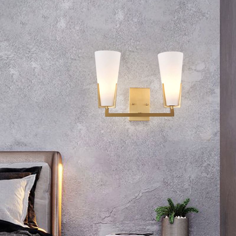 Cone Bedside Sconce Lighting White Glass 2 Bulbs Post Modern Wall Mounted Lamp in Brass