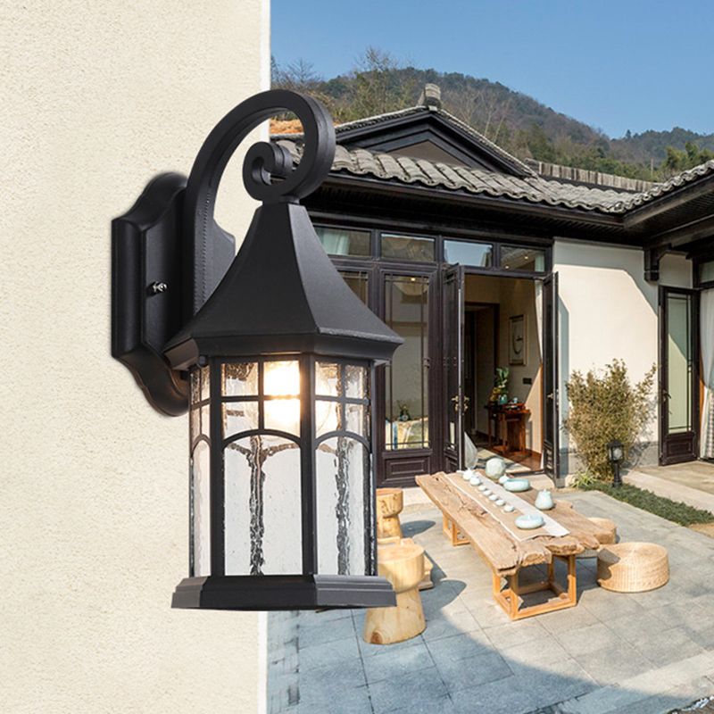1-Bulb Clear Water Glass Sconce Farmhouse Black/Bronze Pavilion Courtyard Wall Mounted Light