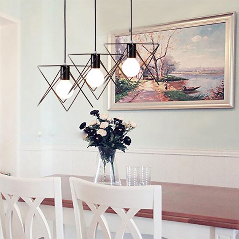 3 Lampen -Eisen -Suspension leichte antike schwarze geometrische Käfig Wohnzimmer Multi -Deckenlampe