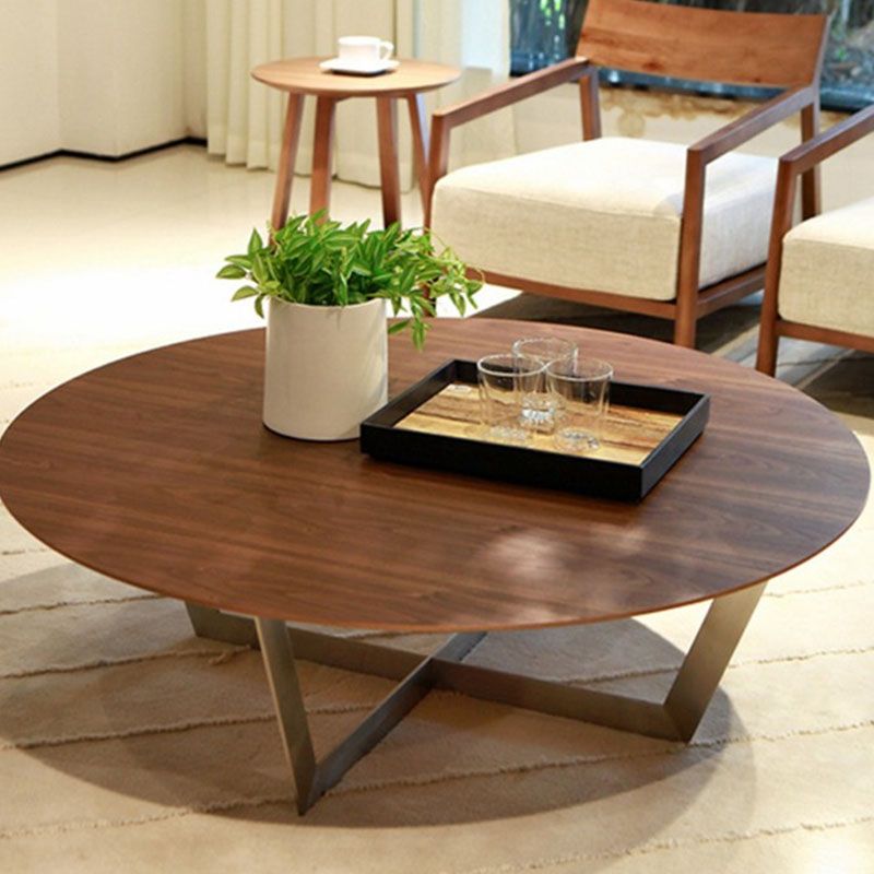 Cross Legs 1 Single Coffee Table in Brown Scandinavian Round Solid Wood Cocktail Table