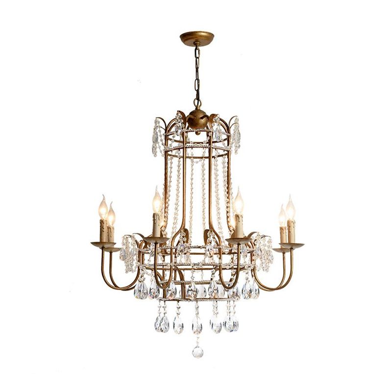 Curved Arm Metal Chandelier Lamp Traditionary 6 Heads Brass Hanging Pendant Light with Clear Crystal Drop