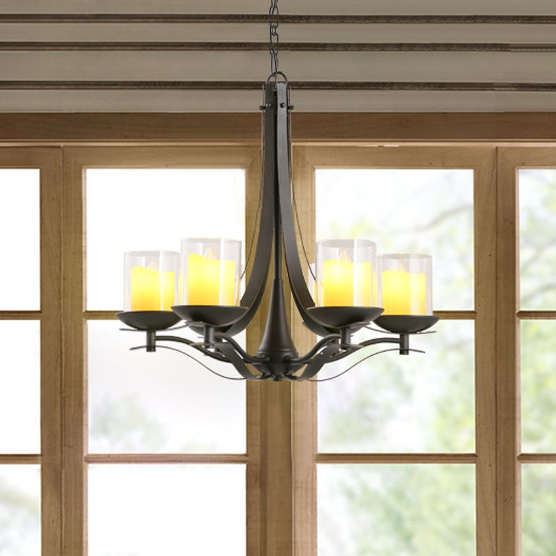 Cilinder helder glas kroonluchter lichtbeveiliging land 6-licht eetkamer metalen hanger lamp in zwart