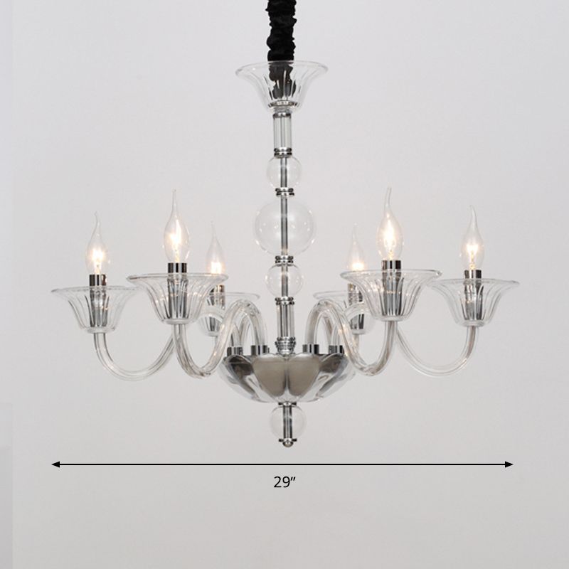 Vintage Curvy Arm Kronleuchter Beleuchtung 6 Köpfe klar/weiß/schwarzes Glas Hanging Anhängerlampe in Chrom für Wohnzimmer
