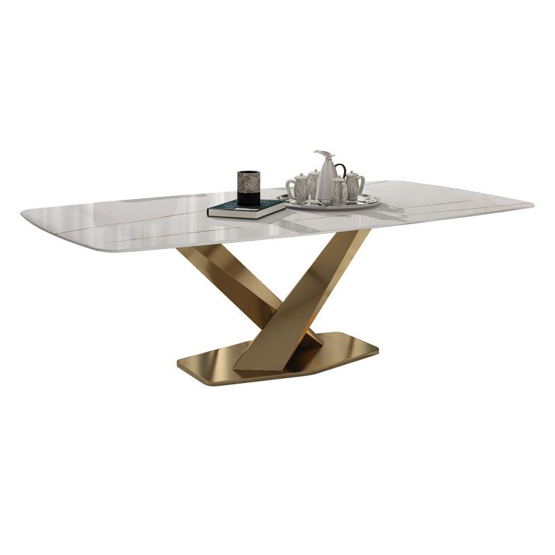 Metal Traditional Luxury Rectangle Table Sintered Stone Dining Table with Pedestal Base