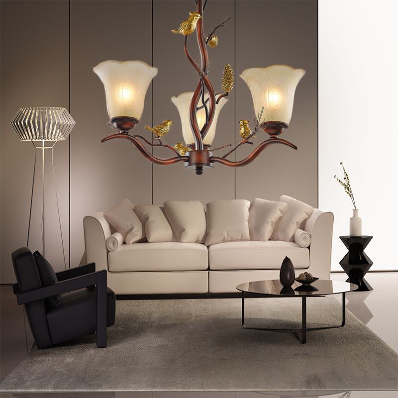 Flower Shaped Living Room Ceiling Chandelier Rustic Frosted Glass 3/6/8 Lights Brown Hanging Fixture with Bird